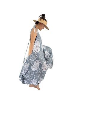 Pōʻalima Gray White Monstera Tropical Boho Wide Leg Beach Romper